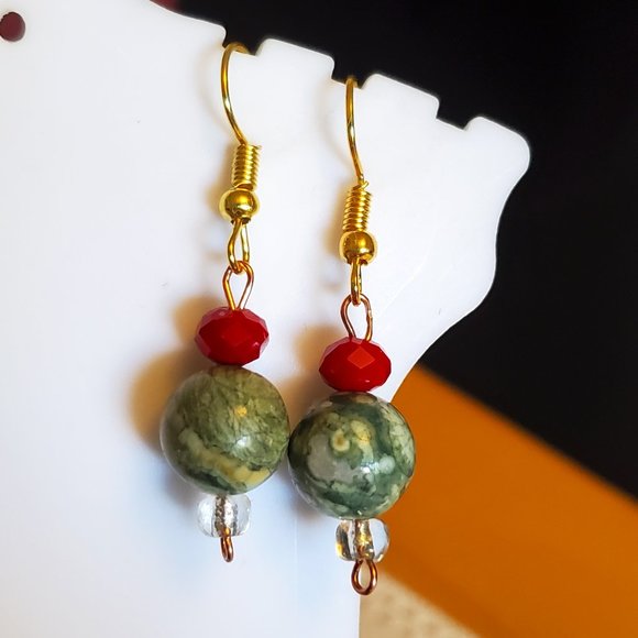 Gold Tone Hook Green Stone Bead Dangle Earrings